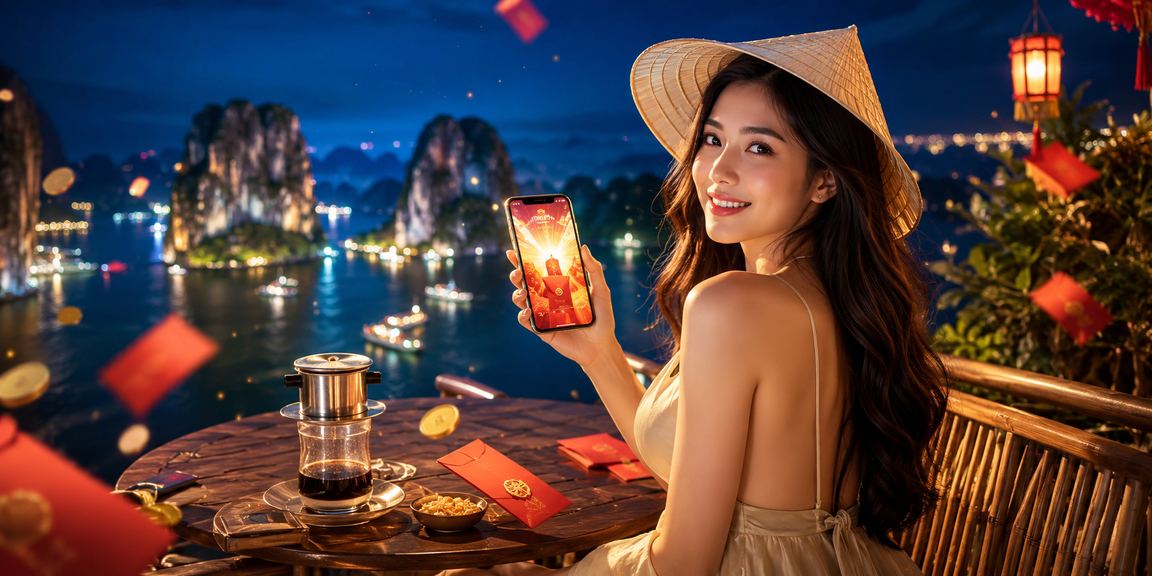 Phong bì đỏ may mắn và cốc cà phê Việt Nam bên cạnh vịnh Hạ Long – hình ảnh biểu tượng cho ưu đãi đặc biệt mùa lễ hội